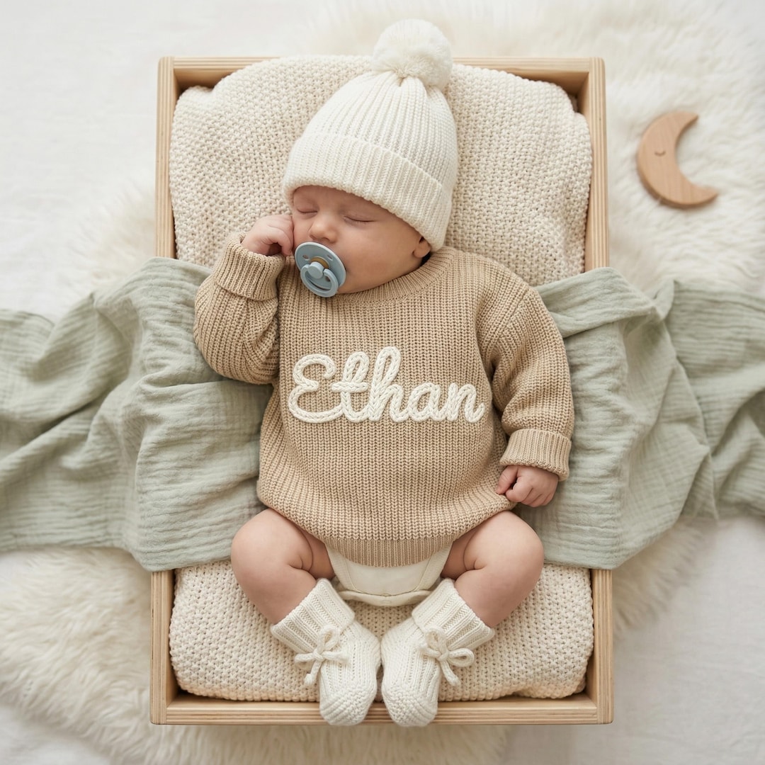 Custom Hand-Embroidered Baby Name Knit Sweater, Soft Cotton Coming Home Outfit