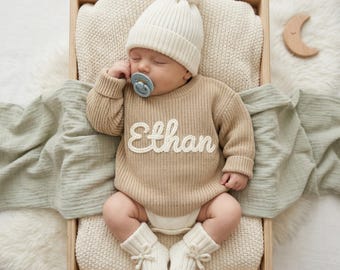 Custom Hand-Embroidered Baby Name Knit Sweater, Soft Cotton Coming Home Outfit