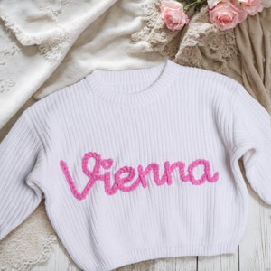 Personalized Hand embroidered Name Baby Sweater,Valentine Baby Name Sweater,Pink Heater Baby Girls Sweater With Name,Birthday Gift For Baby image 2