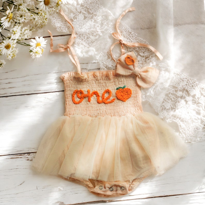 Custom Name Baby Tutu Dress,Personalized Hand Embroidered Birthday Baby Romper,Cake Smash Outfit,First Birthday Gift,Baby Shower Gift Apricot
