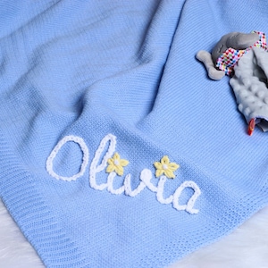 Personalized Knit Baby Blanket With Name,Custom Hand Embroidered Baby Blanket,Newborn Baby Gift,Baby Shower Gift,Monogrammed Gift For Baby image 4