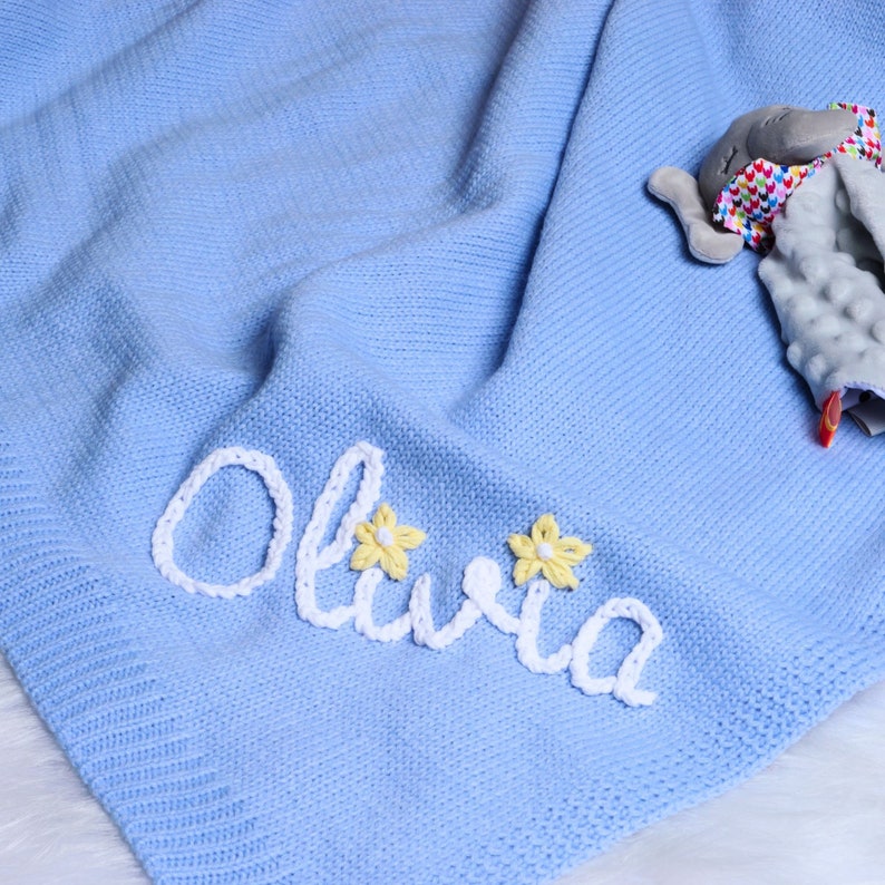 Personalized Knit Baby Blanket With Name,Custom Hand Embroidered Baby Blanket,Newborn Baby Gift,Baby Shower Gift,Monogrammed Gift For Baby image 4