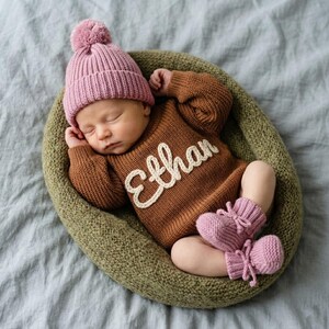 Custom Hand-Embroidered Baby Name Knit Sweater, Soft Cotton Coming Home Outfit image 7