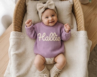 Custom Embroidered Baby Name Sweater Set, Knit Crochet Newborn Jumper, Coming Home Outfit, Personalized Gift Easter Sweater