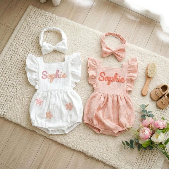 Personalized Newborn Romper, Embroidered Name Baby Outfit, Soft Muslin Cotton Bubble Romper Girl, Coming Home Outfit, Baby Shower Gift