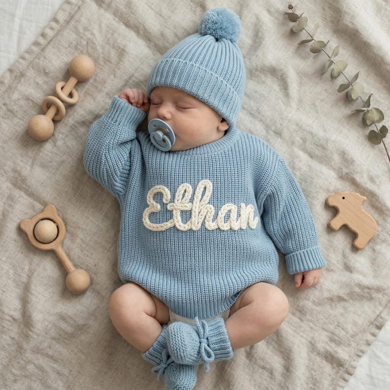 Custom Hand-Embroidered Baby Name Knit Sweater, Soft Cotton Coming Home Outfit image 3