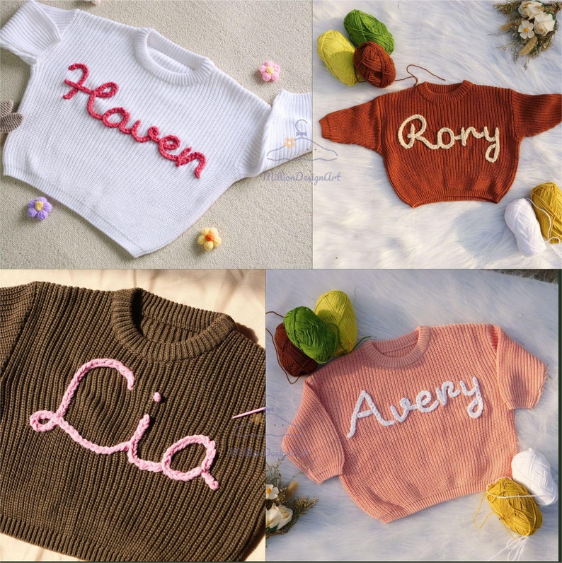 Pull pour bébé avec prénom personnalisé, pull pour bébé personnalisé brodé à la main, joli pull pour bébés filles avec nom, cadeau de baby shower, cadeau de Noël pour bébé image 3