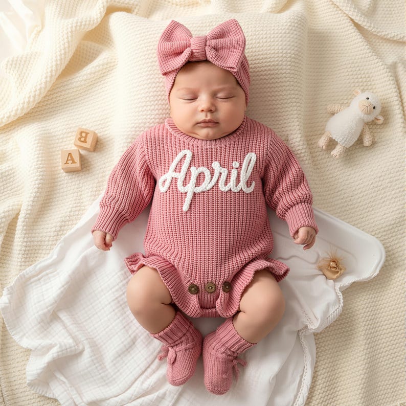 May include: A baby wearing a pink knitted outfit with the name "April" in white script. The outfit includes a bow headband, long-sleeved bodysuit, and socks. Wooden blocks with letters and a stuffed lamb are nearby.