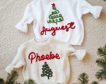 Hand Embroidered Baby Name Christmas Sweater, Custome Knit Toddler Sweater,Christmas Baby Toddler Outfit