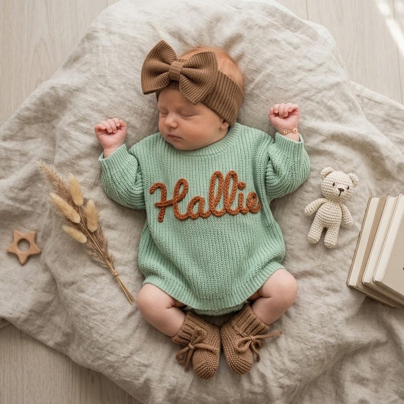 Custom Embroidered Baby Name Sweater Set, Knit Crochet Newborn Jumper, Coming Home Outfit, Personalized Gift Easter Sweater image 10
