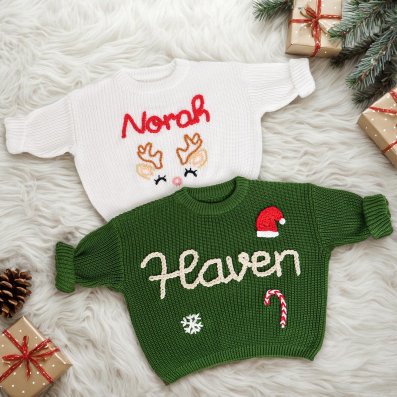 Christmas Hand Embroidered Sweater Baby Name,baby Holiday Sweater With
