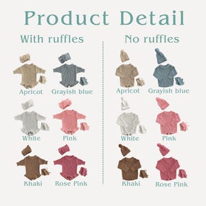 May include: A product detail image showcasing baby clothing sets in various colors, including apricot, grayish blue, white, pink, khaki, and rose pink. Each set includes a romper, hat, and booties, with options with and without ruffles.