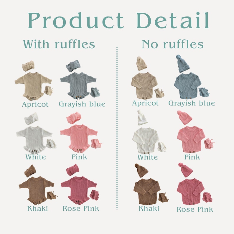 May include: A product detail image showcasing baby clothing sets in various colors, including apricot, grayish blue, white, pink, khaki, and rose pink. Each set includes a romper, hat, and booties, with options with and without ruffles.