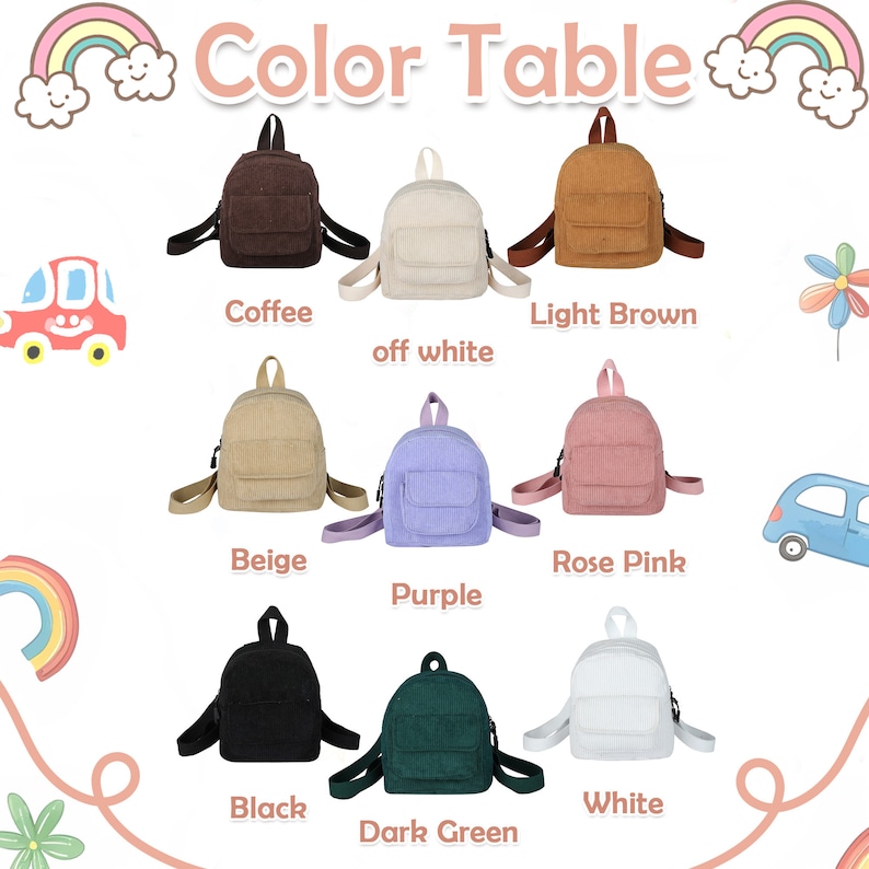 May include: Color table showing nine different colors of corduroy mini backpacks. The colors are coffee, off white, light brown, beige, purple, rose pink, black, dark green, and white.