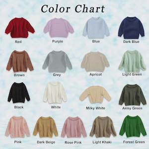 May include: A color chart displaying twenty long-sleeve knit sweaters in various colors, including red, purple, blue, dark blue, brown, grey, apricot, light green, black, white, milky white, army green, pink, dark beige, rose pink, light khaki, and forest green.