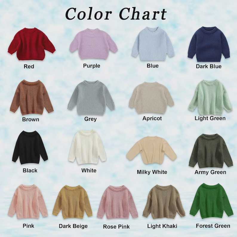 May include: A color chart displaying twenty long-sleeve knit sweaters in various colors, including red, purple, blue, dark blue, brown, grey, apricot, light green, black, white, milky white, army green, pink, dark beige, rose pink, light khaki, and forest green.
