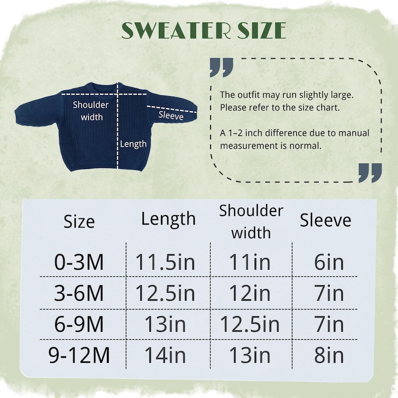May include: Navy blue baby sweater with size chart. The chart shows measurements for length, shoulder width, and sleeve length in inches for sizes 0-3M, 3-6M, 6-9M, and 9-12M. The text "SWEATER SIZE" is at the top.