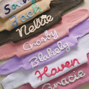 May include: A collection of long-sleeved knit sweaters in various colors including beige, brown, pink, lavender, white, and rose. Each sweater features a name embroidered in raised yarn lettering: Sonny, Jack, Nellie, Crosby, Blakely, Haven, and Gracie.