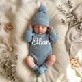 Hand Embroidered Name Baby Romper Set,Personalized Outfit, Baby Boy Romper Baby Girl Romper, Coming Home, Organic Cotton Knit,Gender Neutral