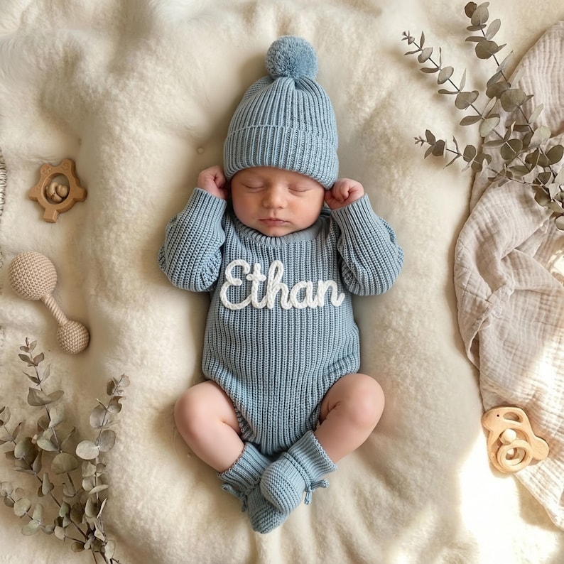 May include: A baby wearing a light blue knit outfit, including a hat with a pom-pom, a long-sleeved onesie, and booties. The name "Ethan" is embroidered on the chest. The baby is lying on a soft, cream-colored blanket.