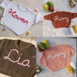 May include: A collection of four ribbed knit sweaters in white, rust orange, brown, and light pink. Each sweater features a name embroidered in cursive yarn lettering on the front: Haven, Rory, Lia, and Avery, accompanied by small yarn flowers.