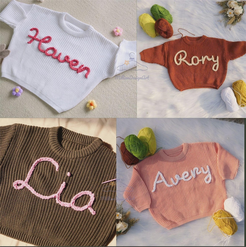 May include: A collection of four ribbed knit sweaters in white, rust orange, brown, and light pink. Each sweater features a name embroidered in cursive yarn lettering on the front: Haven, Rory, Lia, and Avery, accompanied by small yarn flowers.