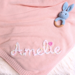 Personalized Hand Embroidered Knit Baby Blanket With Name,Stroller Blanket,Monogrammed Newborn Baby Gift,Baby Shower Gift zdjęcie 5