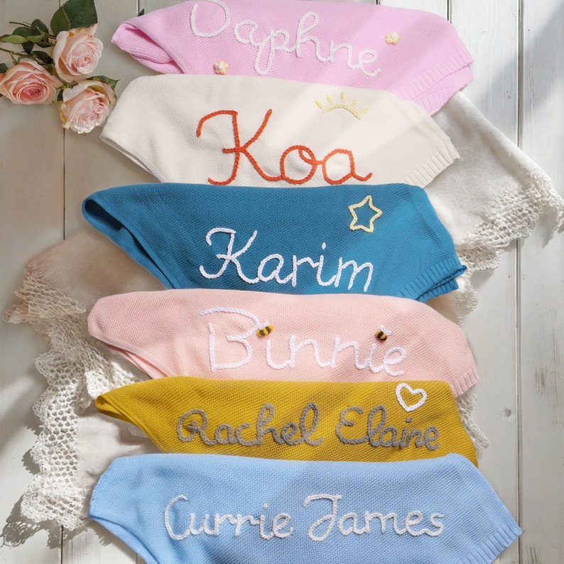 Personalized Knit Baby Blanket With Name,Custom Hand Embroidered Baby Blanket,Newborn Baby Gift,Baby Shower Gift,Monogrammed Gift For Baby image 3