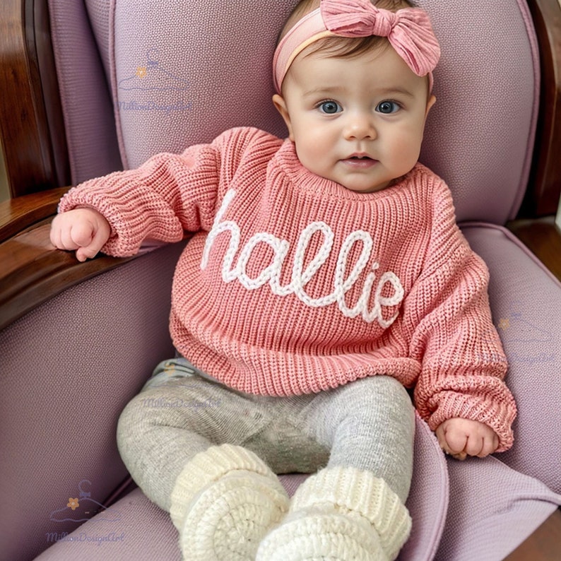 Personalized Hand embroidered Name Baby Sweater,Custome Baby Name Sweater,Pink Baby Girls Sweater With Name,Birthday Gift For Baby Girls Boy zdjęcie 1