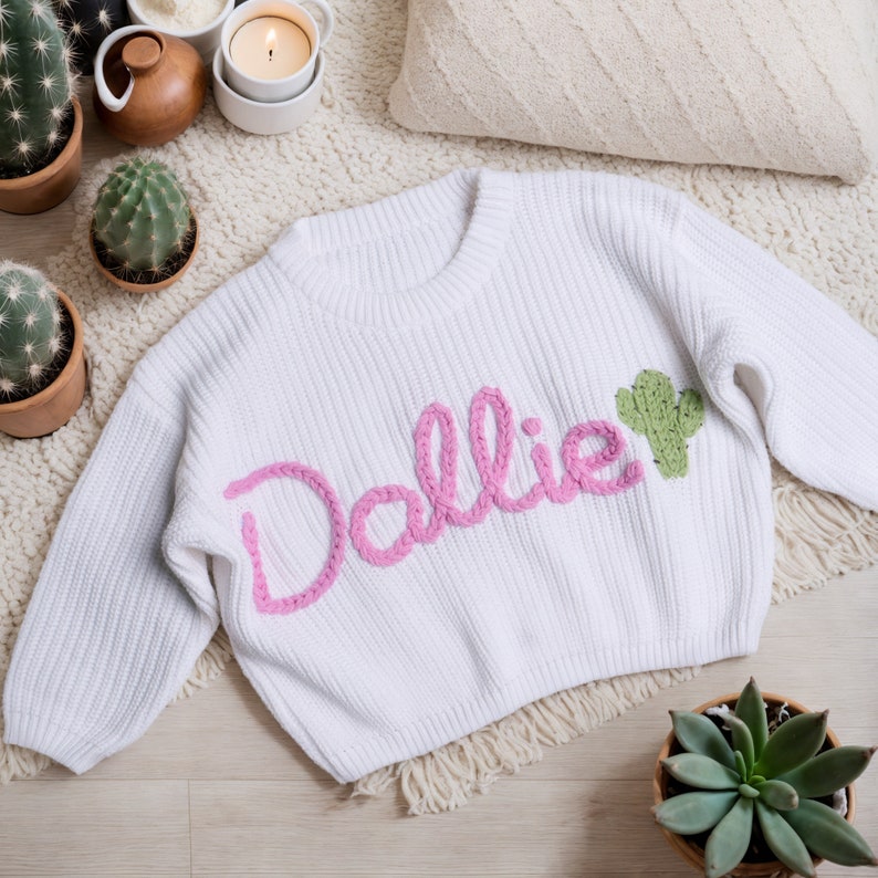 Personalized Hand embroidered Name Baby Sweater,Valentine Baby Name Sweater,Pink Heater Baby Girls Sweater With Name,Birthday Gift For Baby image 4
