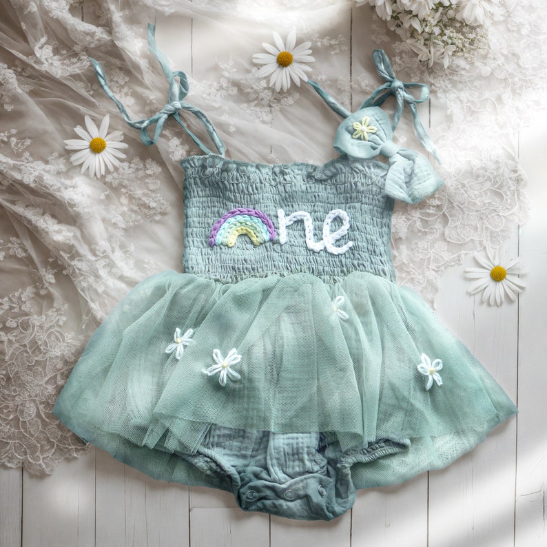 Custom Name Baby Tutu Dress,Personalized Hand Embroidered Birthday Baby Romper,Cake Smash Outfit,First Birthday Gift,Baby Shower Gift Teal