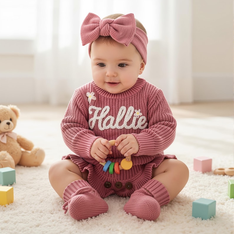 May include: A baby wearing a matching dusty rose knit outfit, including a sweater with the name "Hallie" embroidered in white, a headband, socks, and a romper. The baby is holding a wooden toy and sitting on a white rug.