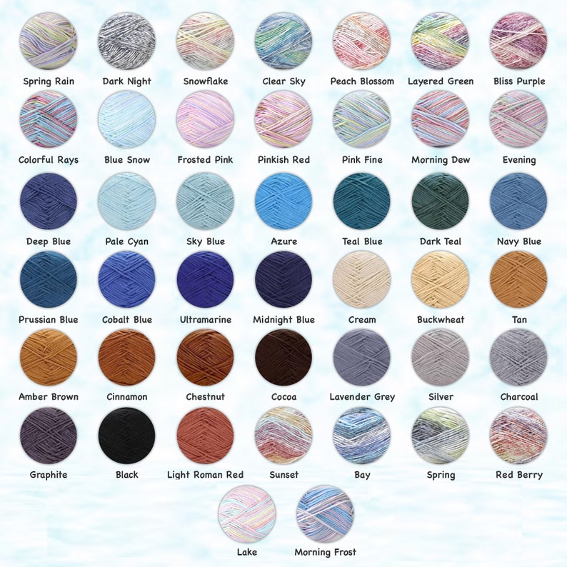 May include: A chart of 36 yarn colors, each color is represented by a ball of yarn. The colors are arranged in rows and columns, and each color has a name written below it. The colors include spring rain, dark night, snowflake, clear sky, peach blossom, layered green, bliss purple, colorful rays, blue snow, frosted pink, pinkish red, pink fine, morning dew, evening, deep blue, pale cyan, sky blue, azure, teal blue, dark teal, navy blue, prussian blue, cobalt blue, ultramarine, midnight blue, cream, buckwheat, tan, amber brown, cinnamon, chestnut, cocoa, lavender grey, silver, charcoal, graphite, black, light roman red, sunset, bay, spring, red berry, lake, and morning frost.