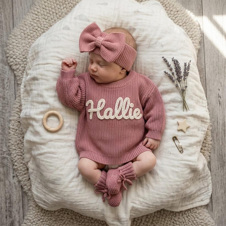 May include: A dusty rose knitted long-sleeve jumper with the name Hallie embroidered in white script on the chest, paired with a matching knitted headband featuring a large bow and knitted booties with ribbon ties on a soft white fabric.
