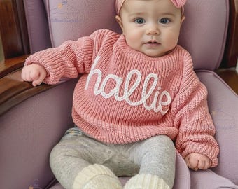 Personalized Hand embroidered Name Baby Sweater,Custome Knit Sweater,Pink Baby Girls Sweater With Name,Birthday Gift For Baby Girls Boy