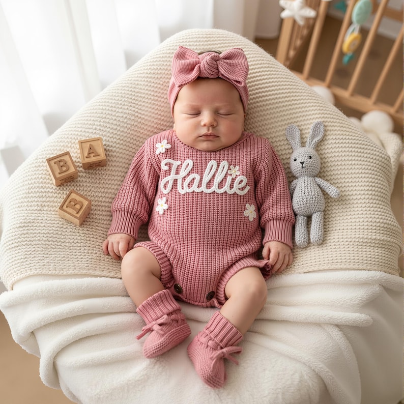 May include: A baby wearing a pink knit romper with the name "Hallie" in white script, a matching bow headband, and socks. Wooden blocks with letters and a gray stuffed bunny are nearby. The baby is lying on a cream-colored blanket.
