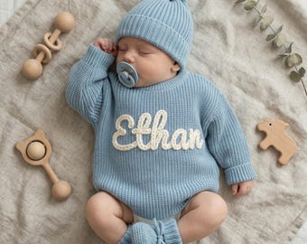 Custom Hand-Embroidered Baby Name Knit Sweater set, Baby Milestone Outfit,Newborn Announcement Outfit Coming Oversized Knit Home Outfit