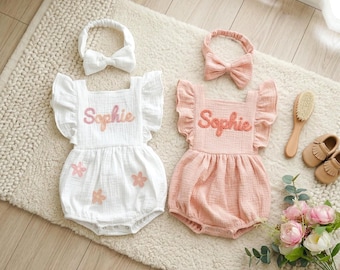 Tutina personalizzata per neonato, completo con nome ricamato, tutina in morbido cotone mussola a bolle per bambina, completo per il rientro a casa, regalo per baby shower.