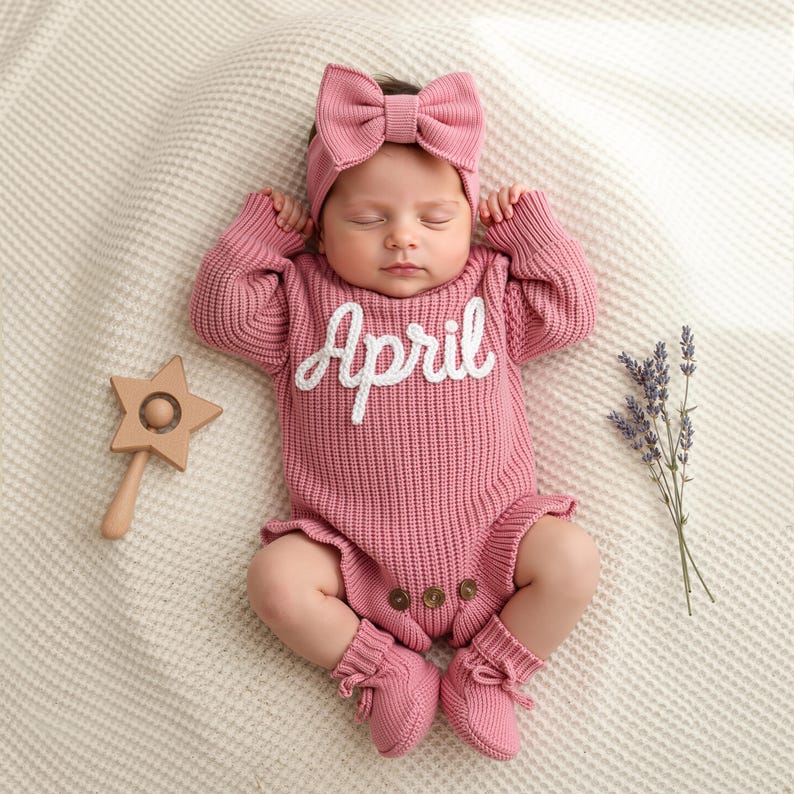 May include: A baby wearing a pink knitted outfit, including a romper with the name "April" in white script, a matching bow headband, and booties. A wooden star-shaped rattle and lavender sprig are nearby.