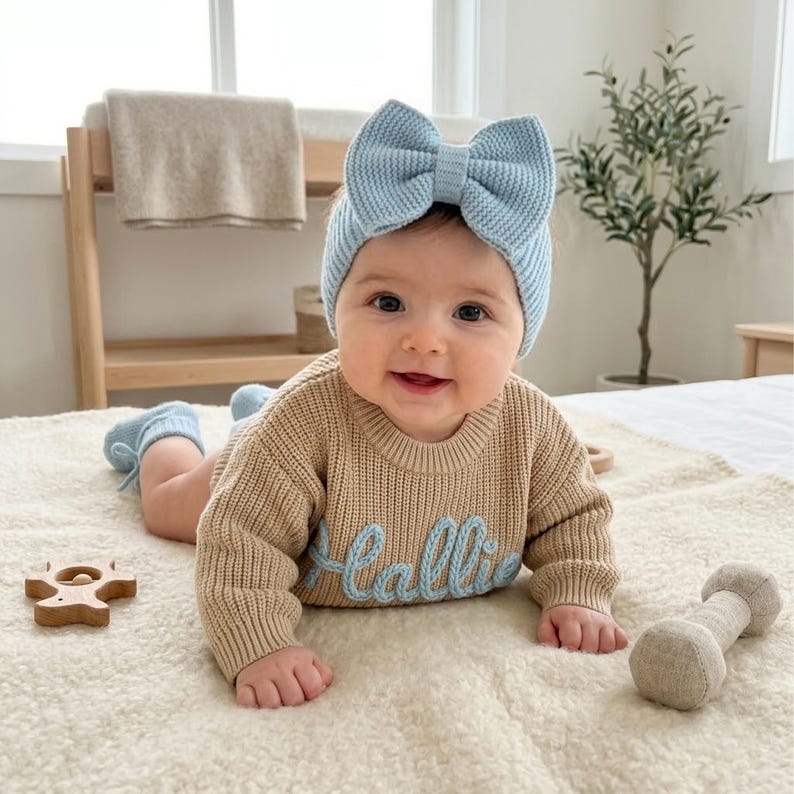 May include: A light blue knit headband with a large bow, a beige long-sleeved knit jumper with the name Hallie embroidered in light blue script, and matching light blue knit booties. The jumper features a ribbed texture and crew neckline.