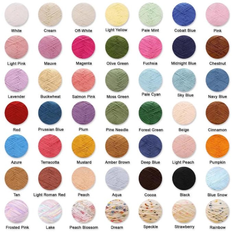 May include: A color chart of yarn skeins in a variety of colors, including white, pink, blue, green, and yellow. Each skein is labeled with its color name, such as "White," "Pink," and "Blue." The yarn is likely for knitting or crocheting projects.