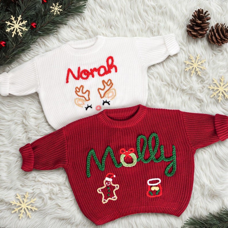 Christmas Hand Embroidered Sweater Baby Name,baby Holiday Sweater With