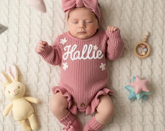 Set di tutine per neonati con nome ricamato a mano, vestito personalizzato, tutina per neonata, ritorno a casa, maglia di cotone biologico, unisex