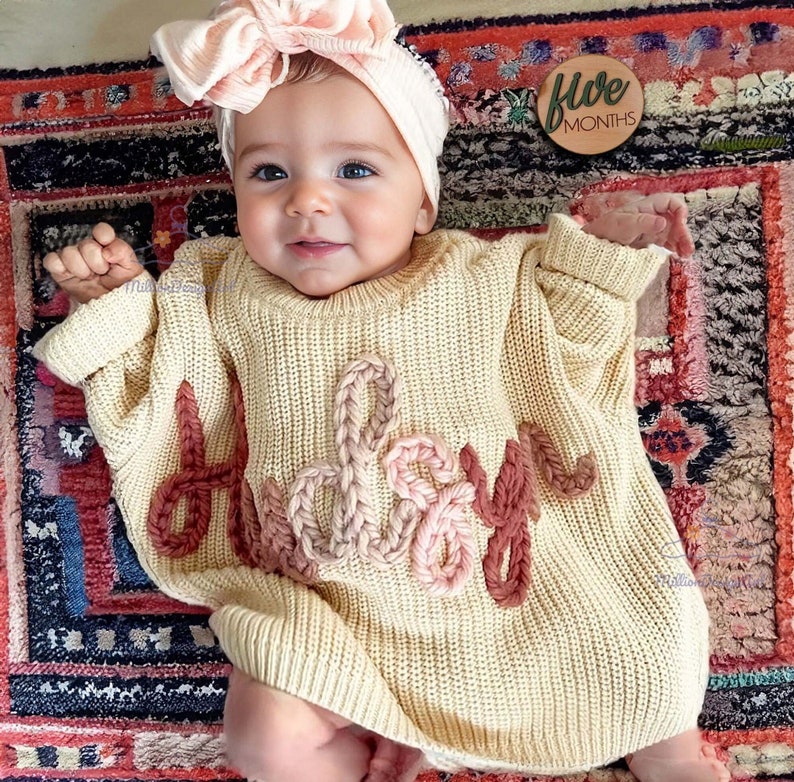 Hand Embroidered Name Baby Sweater,Personalized Baby Name Sweater,Custom Baby Sweater With Name,Welcome Baby Gift,Christmas Gift For Baby image 1