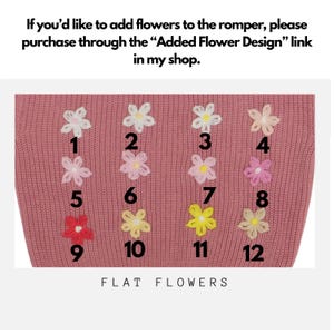 May include: Close-up of a pink knitted fabric with twelve embroidered flat flower designs in various colors. The flowers are numbered 1 through 12. Text at the top reads, "If you'd like to add flowers to the romper..." and "FLAT FLOWERS" at the bottom.