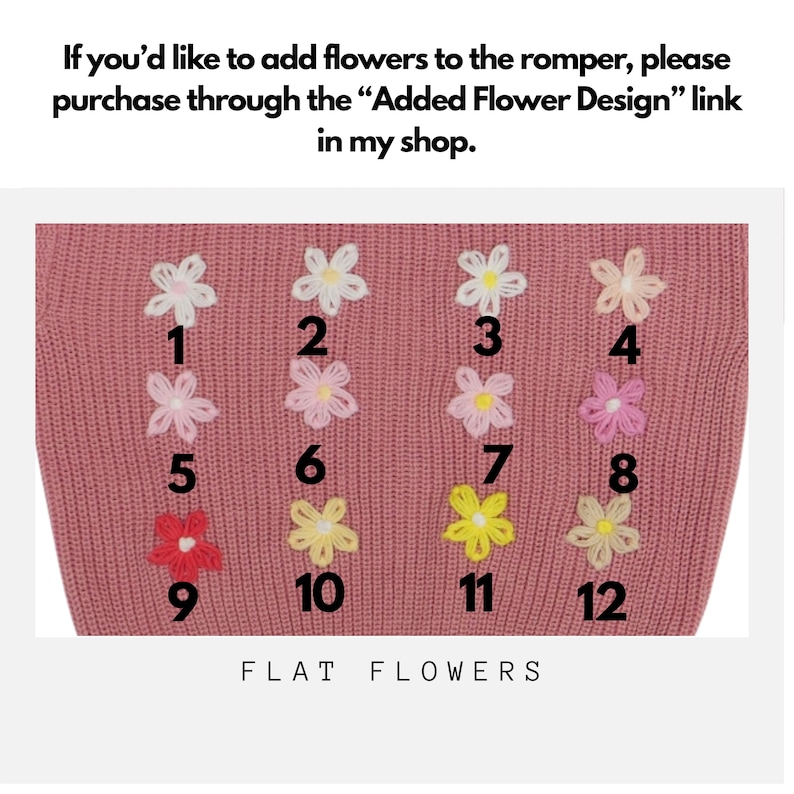 May include: Close-up of a pink knitted fabric with twelve embroidered flat flower designs in various colors. The flowers are numbered 1 through 12. Text at the top reads, "If you'd like to add flowers to the romper..." and "FLAT FLOWERS" at the bottom.