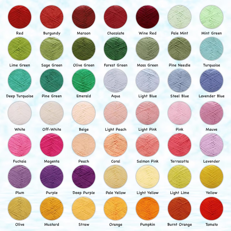 May include: A chart of 36 different colored yarn skeins, each with a label identifying the color. The colors include red, burgundy, maroon, chocolate, wine red, pale mint, mint green, lime green, sage green, olive green, forest green, moss green, pine needle, turquoise, deep turquoise, pine green, emerald, aqua, light blue, steel blue, lavender blue, white, off-white, beige, light peach, light pink, pink, mauve, fuchsia, magenta, peach, coral, salmon pink, terracotta, lavender, plum, purple, deep purple, pale yellow, light yellow, light lime, yellow, olive, mustard, straw, orange, pumpkin, burnt orange, and tomato.