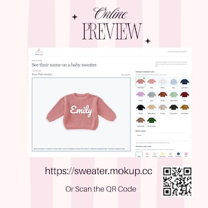 May include: A rose pink long-sleeve baby sweater featuring the name Emily in white script lettering. The digital interface displays customization options for sweater colors, yarn colors, and a text input field for a baby's name.