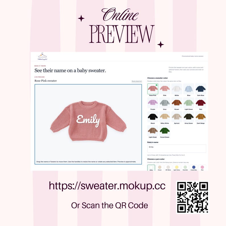 May include: A rose pink long-sleeve baby sweater featuring the name Emily in white script lettering. The digital interface displays customization options for sweater colors, yarn colors, and a text input field for a baby's name.