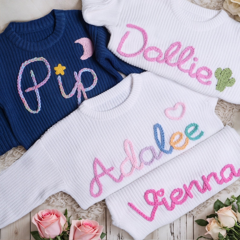 Personalized Hand embroidered Name Baby Sweater,Valentine Baby Name Sweater,Pink Heater Baby Girls Sweater With Name,Birthday Gift For Baby image 1